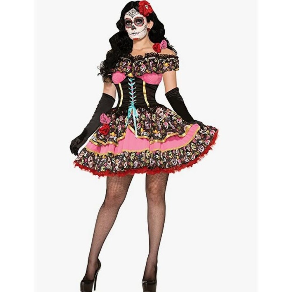 Day of the Dead Pink Floral Off-Shoulder Costume Dress